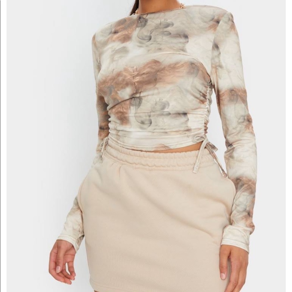 PLT Beige Jersey Tie Ruched Side Long Sleeve Crop